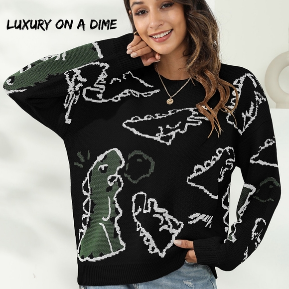 Knit Dinosaur Print Round Neck Long Sleeve Oversized Fun Pullover Sweater Shirt - Picture 1 of 9